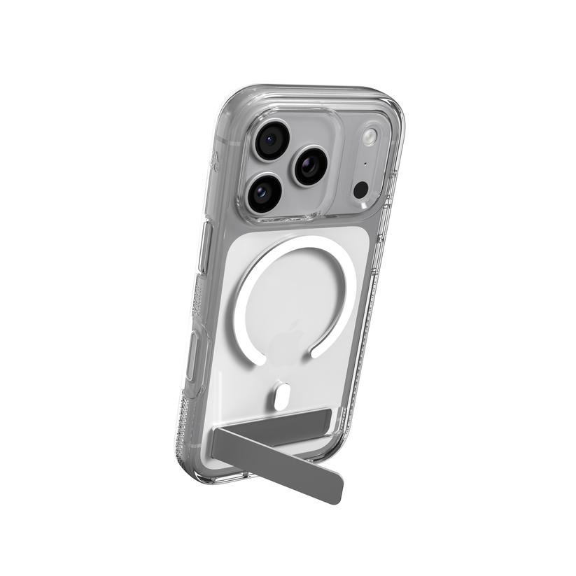 Presenting the ZAGG Crystal Palace Snap mit Standfuß und Kamerataste für iPhone 17 Pro/18 Pro: a transparent MagSafe-Hülle with an integrated kickstand and MagSafe ring, designed by ZAGG for the iPhone 17 Pro with triple rear cameras—ideal as a stylish Schutzhülle.