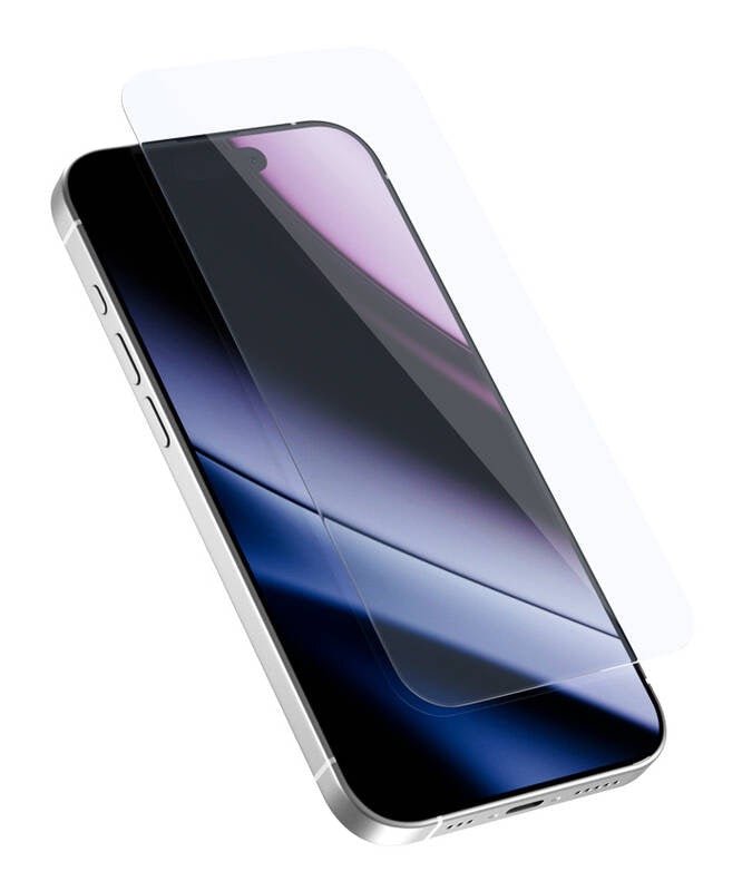 An iPhone 18 Pro Max equipped with a partially applied Epico Panzerglas für iPhone 18 Pro Max / 17 Pro Max screen protector from Epico, with the clear protector being aligned above the display. The phone is shown at a slight angle to highlight its side buttons and charging port, alongside the included Installationskit for precise application.