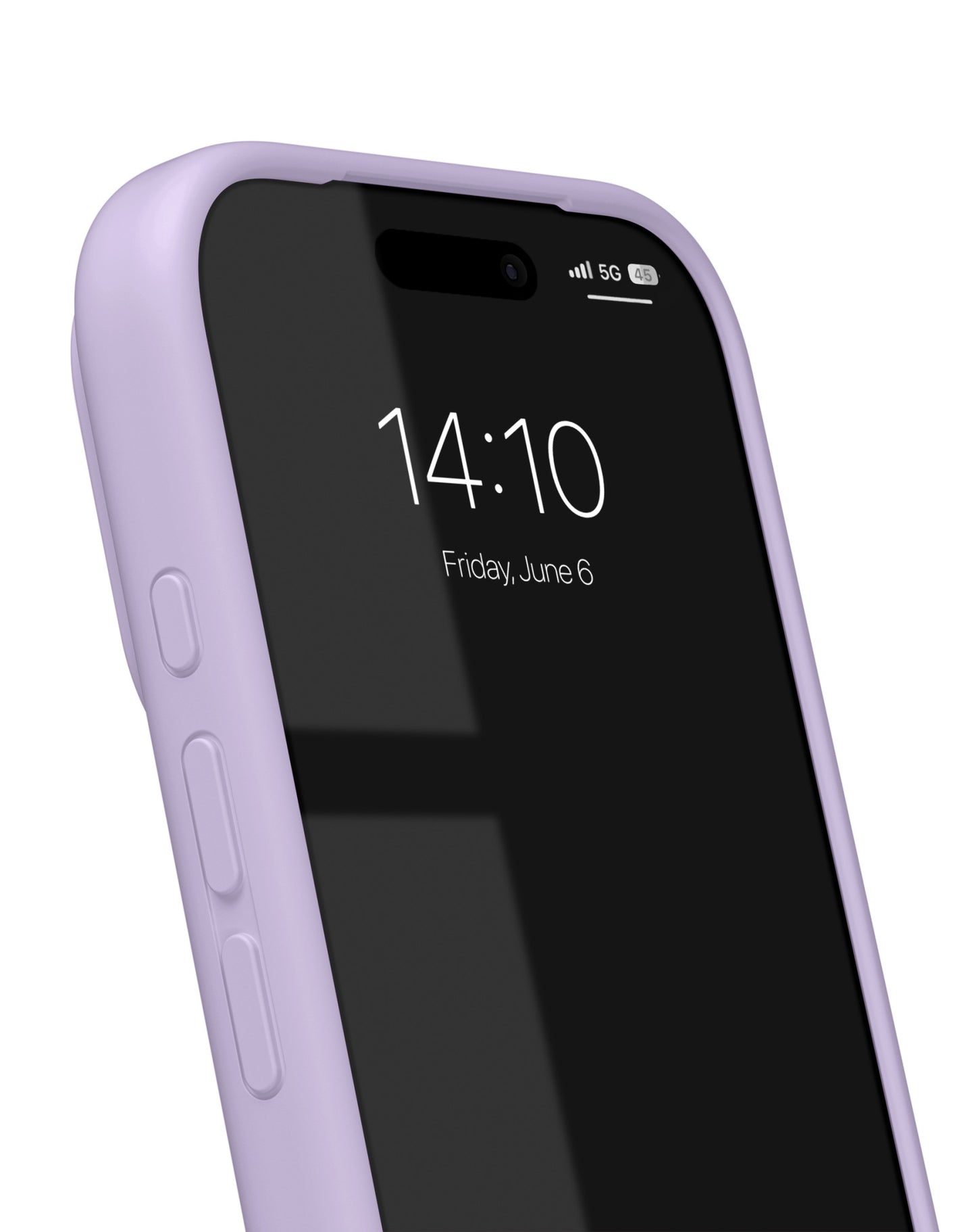 Ein Smartphone, das durch die „Ideal of Sweden“-Silikonhülle mit MagSafe in der Farbe „Lavender Milk“ geschützt ist und vom skandinavischen Design inspiriert ist, zeigt auf dem Sperrbildschirm die Uhrzeit 14:10 Uhr und das Datum Freitag, den 6. Juni an. In der oberen rechten Ecke sind ein 5G-Signal und ein Akkusymbol zu sehen.