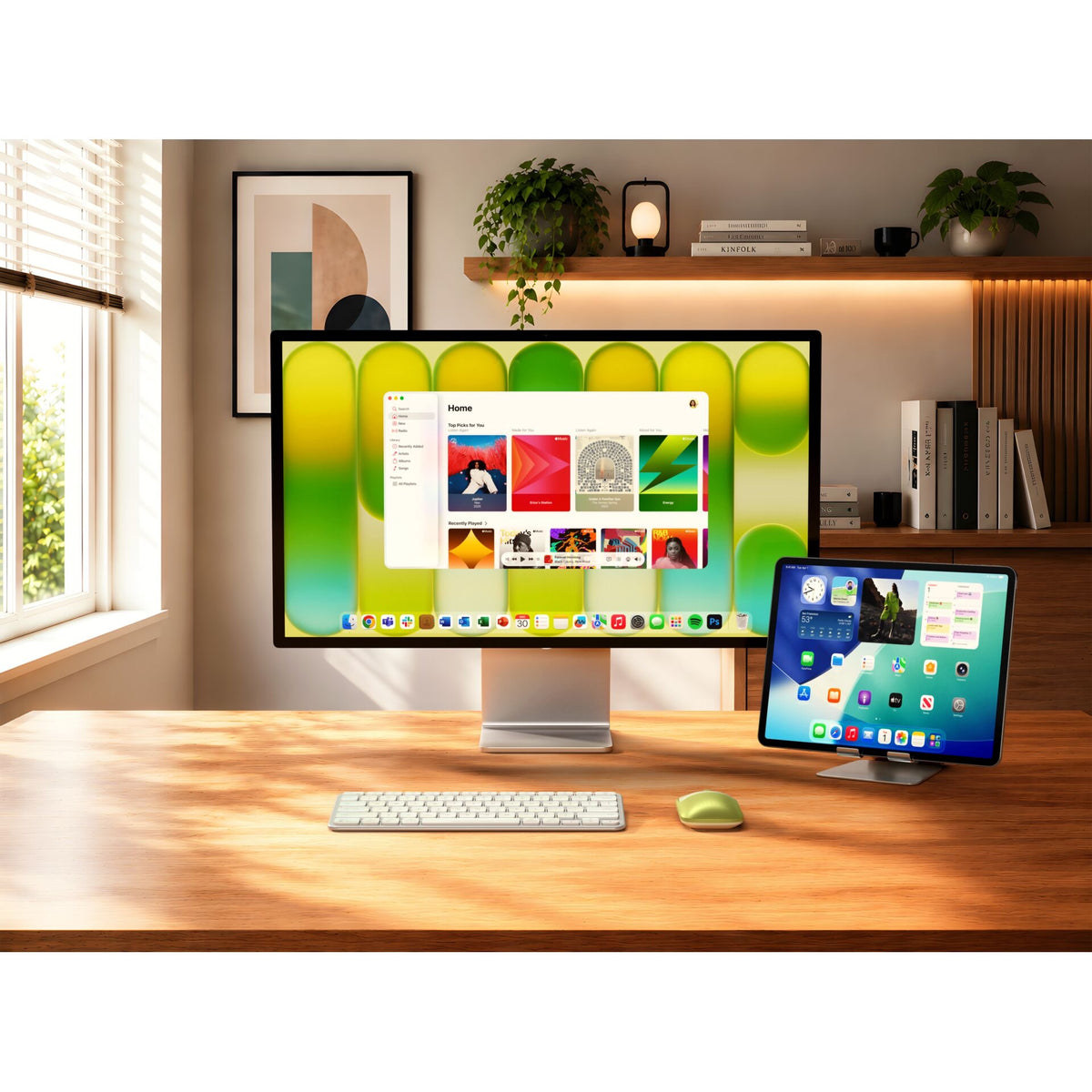 Modern bir ev ofis masası düzeni, geniş bir monitör ve canlı uygulamalara sahip bir tabletin yanı sıra Satechi Slim EX Kablosuz Fare (Citrus) ve kablosuz klavye ile tamamlanmaktadır. Aydınlık ve düzenli odada ayrıca bitkiler ve kitaplarla dolu raflar da bulunmaktadır.