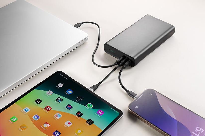 Die mophie Powerstation Ultra 25K – Schwarz lädt über drei angeschlossene USB-Kabel auf einer hellen Unterlage einen silbernen Laptop, ein Tablet mit bunten App-Symbolen und ein Smartphone mit einem Bildschirm in lila Farbverlauf auf und sorgt so für schnelles Laden all Ihrer Geräte.