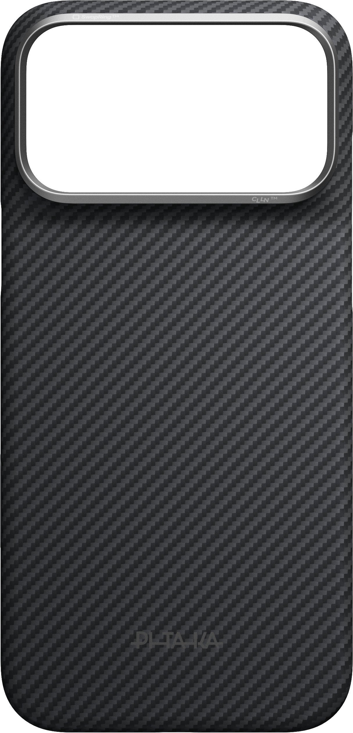 Karbon fiber desenli ve üst kısmında büyük, dikdörtgen bir kamera açıklığına sahip ince siyah bir telefon kılıfı olan PITAKA Aramid Edge Case für iPhone 17 Pro Max/18 Pro Max in Schwarz, alt kısmının yakınında zarif bir şekilde yer alan PITAKA markasını taşır ve iPhone 17 Pro Max kılıfı olarak özel olarak tasarlanmıştır.