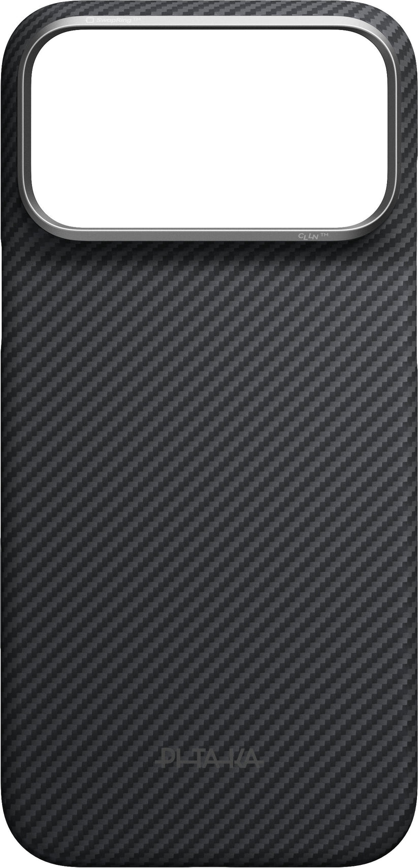 Karbon fiber desenli ve üst kısmında büyük, dikdörtgen bir kamera açıklığına sahip ince siyah bir telefon kılıfı olan PITAKA Aramid Edge Case für iPhone 17 Pro Max/18 Pro Max in Schwarz, alt kısmının yakınında zarif bir şekilde yer alan PITAKA markasını taşır ve iPhone 17 Pro Max kılıfı olarak özel olarak tasarlanmıştır.