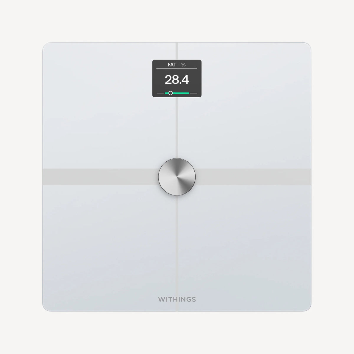 Eine stilvolle Withings Body SMART WLAN-Körperwaage in Weiß mit einem runden Metallakzent in der Mitte und einer Anzeige mit dem Wert „FAT % 28,4“ – ideal für die Körperanalyse zur Unterstützung Ihrer Gesundheitsziele. Der Markenname „Withings“ ist unten zu sehen.