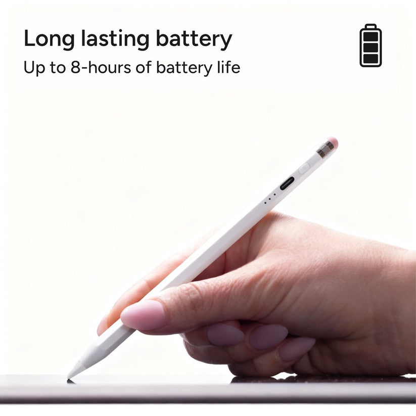 Eine Hand, die einen „ZAGG Oxford Stylus iPad – Weiß“ von ZAGG hält, schreibt auf einem Tablet. Der Text lautet: „Lange Akkulaufzeit. Bis zu 8 Stunden Akkulaufzeit.“ Ein Akkusymbol in der oberen rechten Ecke unterstreicht die beeindruckende Ausdauer dieses hochwertigen Eingabestifts für das iPad.