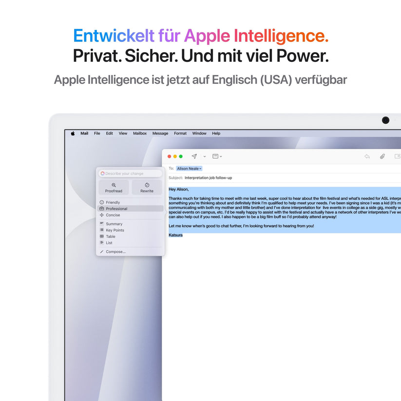 Bir Apple iMac 24 Zoll M4 şöyle bir e-posta görüntüler: "Entwickelt für Apple Intelligence. Özel. Güvenli. Ve çok güçlü. Apple Intelligence şu anda İngilizce (ABD) olarak sunulmaktadır.
