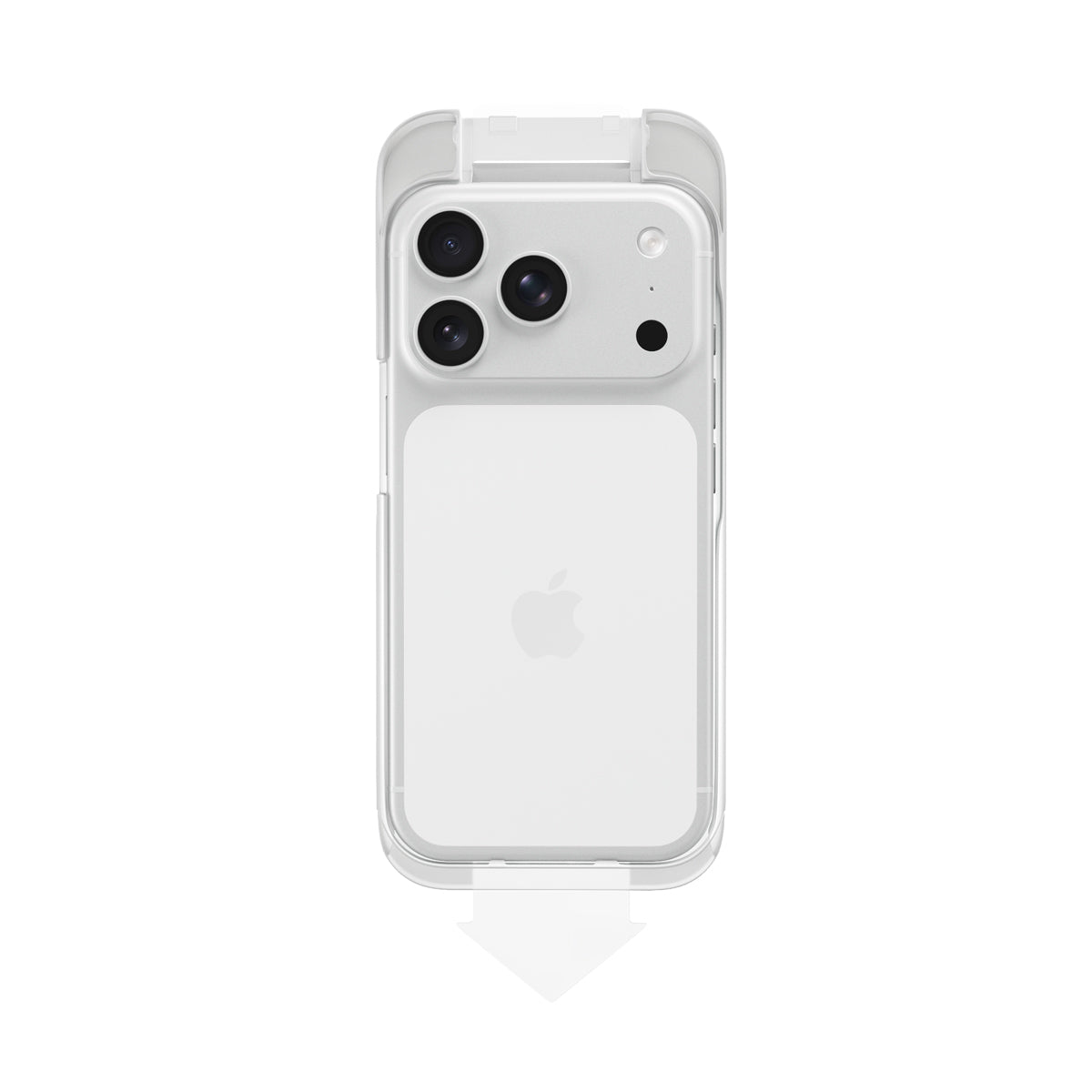 Üç kamera merceğine sahip beyaz bir iPhone, Epico Anti Reflective Privacy-Panzerglas für iPhone 18 Pro Max – mit Installationskit adlı şeffaf koruyucu kılıfın içinde yer almaktadır. Telefonun arka yüzünde Apple logosu görülmekte olup, alt kısımda aşağıyı gösteren beyaz bir ok bulunmaktadır.
