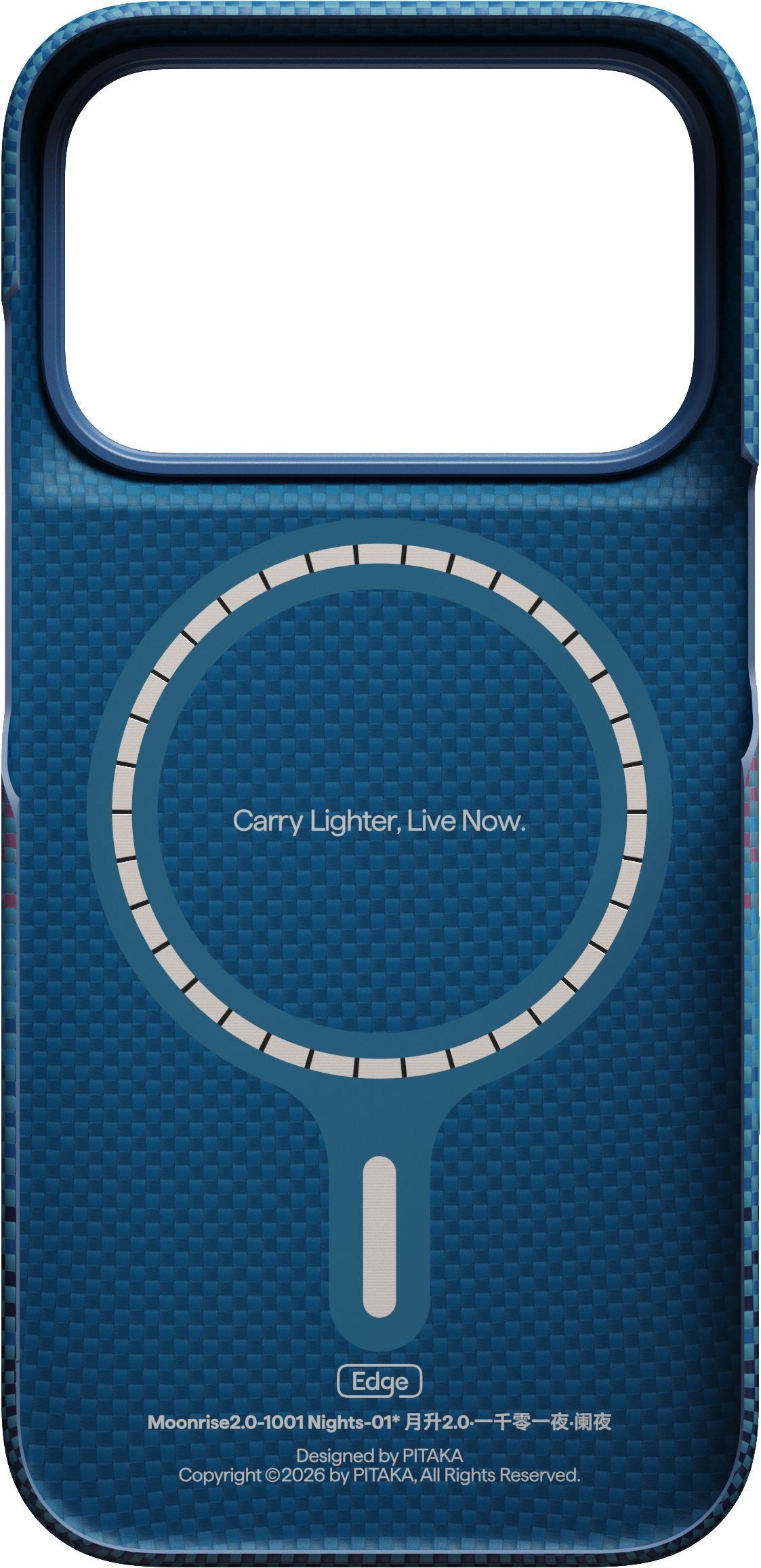 Here’s a rewritten version of your sentence using the provided product data: The PITAKA Aramid Edge Case für iPhone 17 Pro Max/18 Pro Max, Moonrise 2.0 in blue features a textured finish, a rectangular camera cutout, and a circular MagSafe alignment guide. Near the center is the phrase “Carry Lighter, Live Now,” while small product and copyright details are subtly placed near the bottom. Crafted by PITAKA for both style and protection, this ultradünnes iPhone Case embodies premium design—just like PITAKA’s