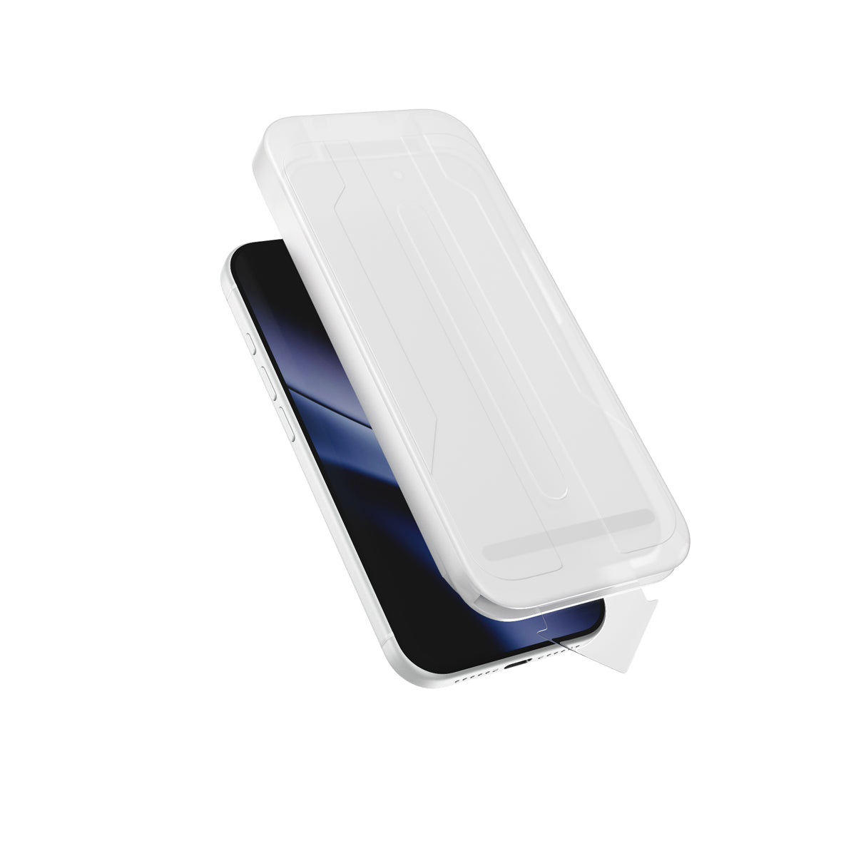 An Epico Anti Reflective Privacy-Panzerglas für 18 Pro – mit Installationskit is being aligned on a smartphone using the included guiding tray, shown on a white background. This Epico screen protector provides enhanced protection and privacy for your iPhone 18 Pro, all while maintaining display clarity.