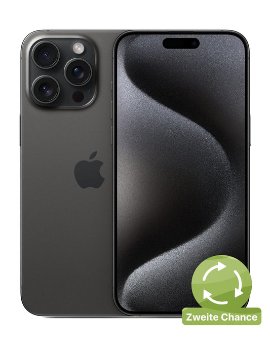 A front and back view of the iPhone 15 Pro, 256GB, Titan schwarz – REFURBISHED from Apple Refurbished showcases its sleek black design with three rear cameras. In the bottom right corner, a green circular icon with white arrows and the text “Zweite Chance” highlights this hochwertiges generalüberholtes iPhone as an excellent choice for alle, die ein leistungsstarkes iPhone kaufen möchten.