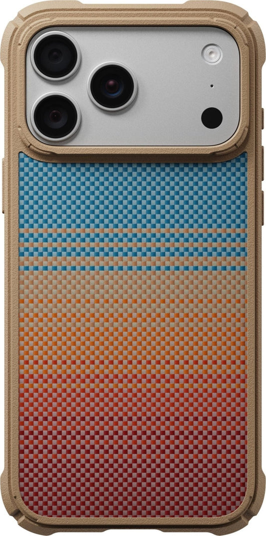 A PITAKA Cairn Case iPhone 17 Pro Max/18 Pro Max California Dream with a beige frame and a pixelated color gradient shifting from blue at the top to orange and red at the bottom.