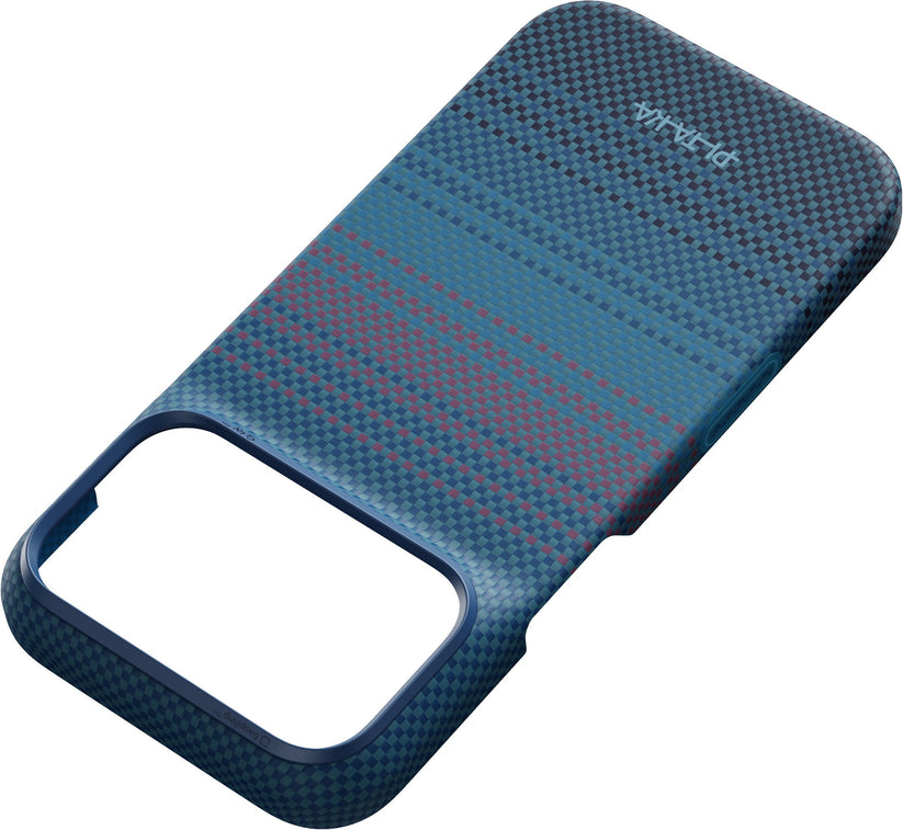 Introducing the PITAKA Aramid Edge Case für iPhone 17 Pro/18 Pro, Moonrise 2.0: a blue, textured phone case featuring a woven pattern with diagonal red accents. Designed specifically for the iPhone 17 Pro Max, this ultradünne Schutzhülle from PITAKA offers both style and function, with an open bottom section to accommodate the camera and ports—embodying the signature look of PITAKA’s premium cases.