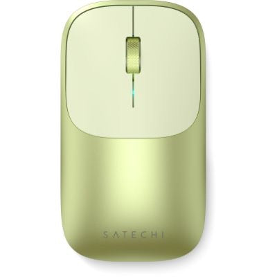 Eine Satechi Slim EX Wireless Mouse (Citrus) mit Scrollrad und dem Markennamen „Satechi“ am unteren Rand besticht durch ihr elegantes Design.