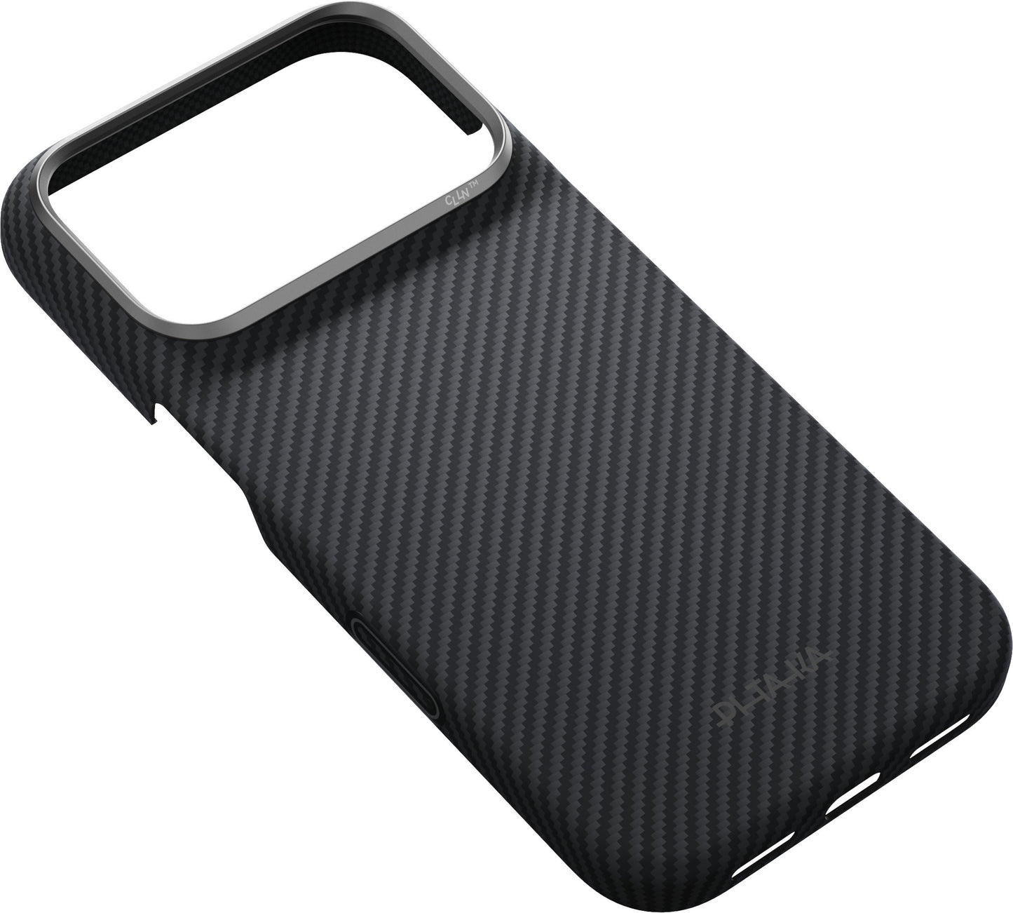 A black, textured smartphone case featuring a carbon fiber pattern and a prominent rectangular camera cutout. The PITAKA Aramid Edge Case für iPhone 17 Pro/18 Pro, Schwarz is designed with convenient side and bottom button access—perfectly tailored as an iPhone 17 Pro Hülle by PITAKA.