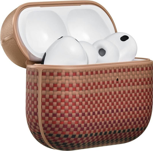 Open PITAKA AirPods Pro 3 Case Sunset in a red and brown woven pattern, shown open with white wireless earbuds inside.