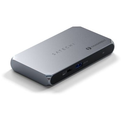 Ein eleganter, rechteckiger Satechi Thunderbolt 4 Slim Hub Pro in Space Grau mit sichtbaren Anschlüssen und Satechi-Logo an der Seite wird vor einem schlichten weißen Hintergrund präsentiert – ideal, um die Anschlussmöglichkeiten zu erweitern und Ihren Arbeitsplatz übersichtlicher zu gestalten.