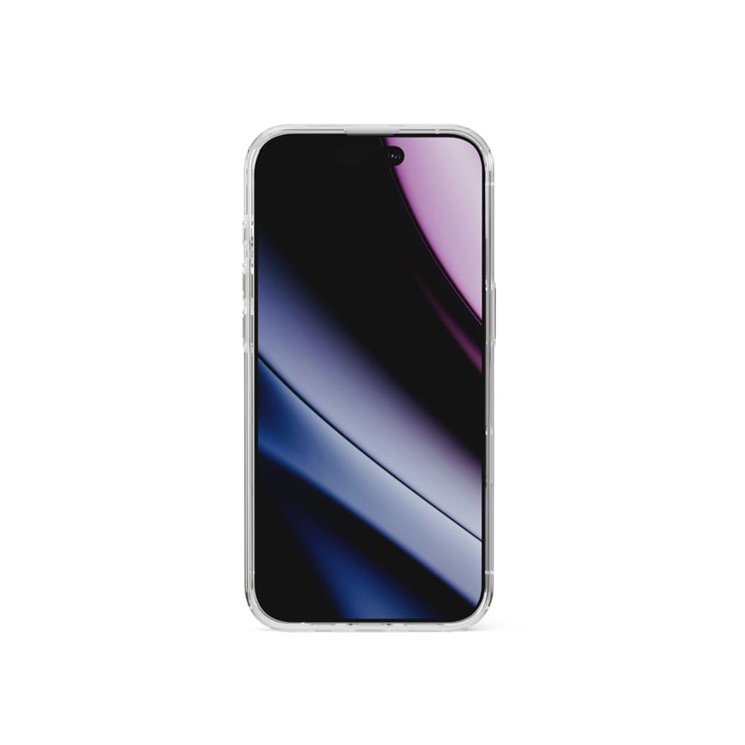 Epico tarafından üretilen, iPhone 17 Pro/18 Pro için tasarlanmış Epico Clear Case mit MagSafe kılıfıyla donatılmış bir iPhone 17 Pro, beyaz bir arka planın ortasında yer alıyor ve mor, siyah ve mavinin yumuşak gradyanlarını içeren koyu renkli, soyut bir duvar kağıdı sergiliyor.