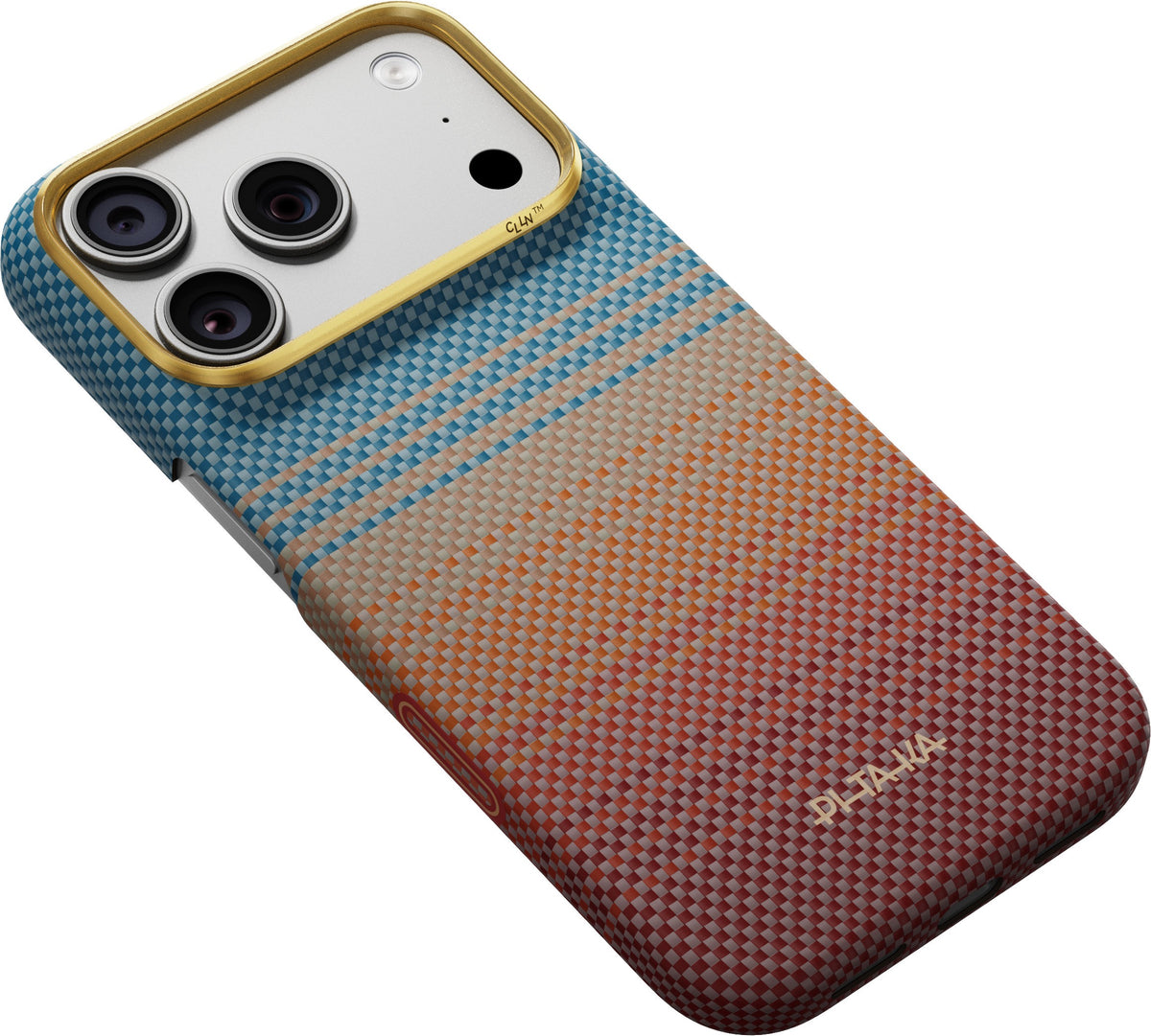A PITAKA Aramid Edge Case für iPhone 17 Pro/18 Pro (Sunset 2.0) designed for smartphones with triple-lens cameras, featuring an ultradünnes Design and a textured, gradient pattern in blue, red, and beige tones. This case has “PLAIN” printed near the bottom.