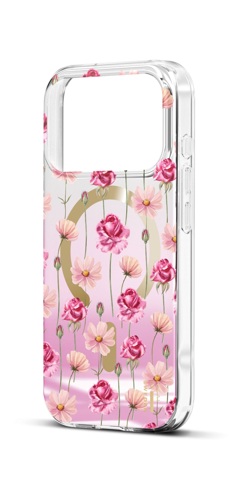 Die „Ideal of Sweden“-Hülle mit MagSafe für das iPhone 17 Pro/18 Pro – „Rose Blush Floral“ von Ideal of Sweden besticht durch ein rosa Blumenmuster mit verschiedenen rosa Blüten und grünen Stielen auf einem rosa Hintergrund mit Farbverlauf, inspiriert vom skandinavischen Design. Die Hülle wird im Stehen gezeigt, wodurch die präzisen Aussparungen für die Seitentasten und die große Kameraöffnung besonders gut zur Geltung kommen.