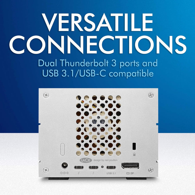 Back view of the LaCie 2big Dock Thunderbolt 3 Hardware RAID, 8TB shows Thunderbolt 3, USB-C, DisplayPort, and power ports—ideal for use as externe Festplatte or iPad Speichererweiterung on a blue gradient background.