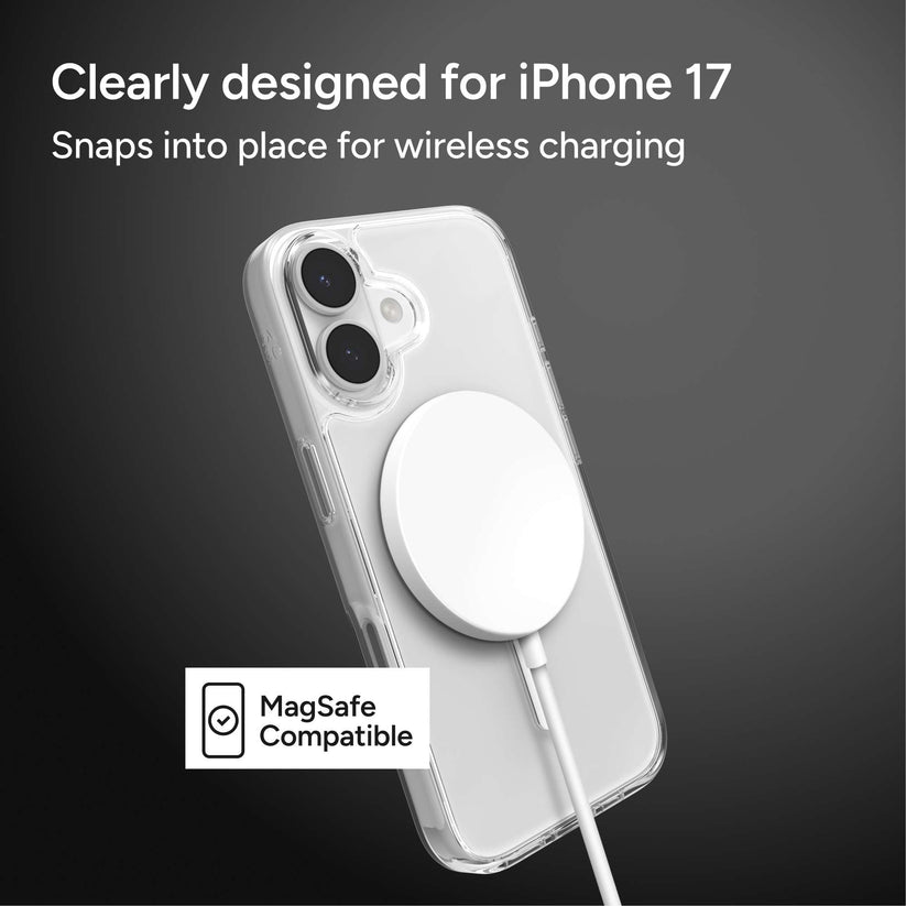 ZAGG Crystal Palace Lite Snap für das iPhone 17: Unsere transparente Hülle von ZAGG wurde speziell für das iPhone 17 entwickelt. Sie lässt sich passgenau aufstecken und unterstützt das kabellose Laden – MagSafe-kompatibel (Symbol wird angezeigt).