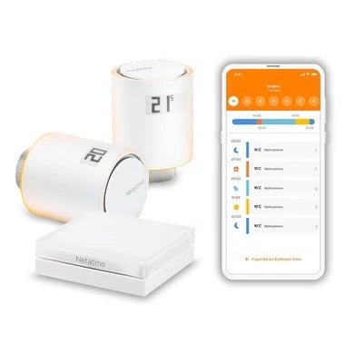 Das Netatmo Smarte Heizkörperthermostate Starterpaket enthält zwei smarte Thermostate, einen weißen Funk-Hub und eine App zur einfachen Heizungssteuerung - die ideale intelligente Heizungslösung von Netatmo.