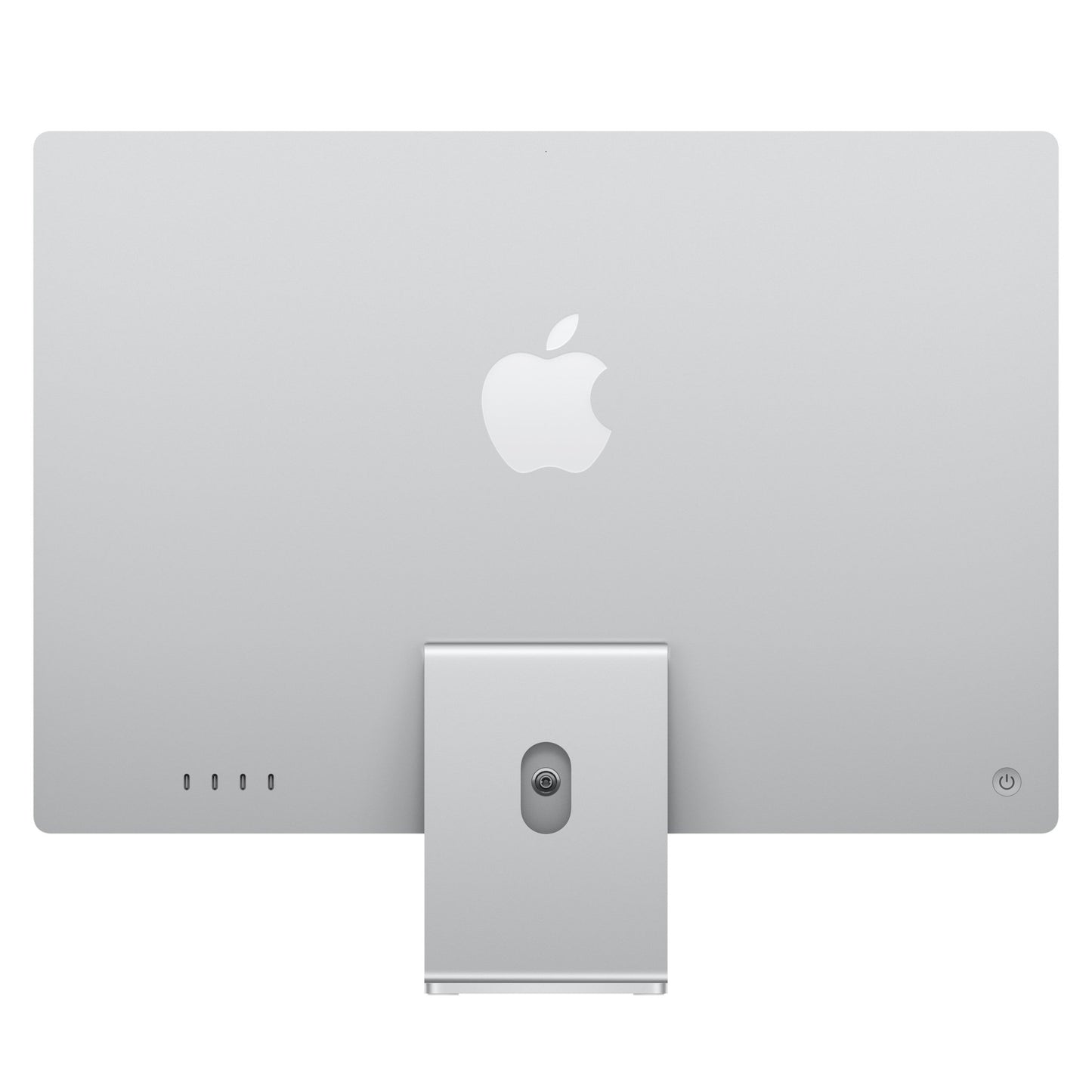 Apple iMac 24 Zoll M4'ün arkadan görünümü gümüş kaplamayı, Apple logosunu, havalandırma deliklerini, şık standı ve güç düğmesini göstererek Apple'ın minimal ve zarif tasarımını vurgular. Model: 10C CPU/10C GPU, 16 GB RAM, 1 TB SSD.