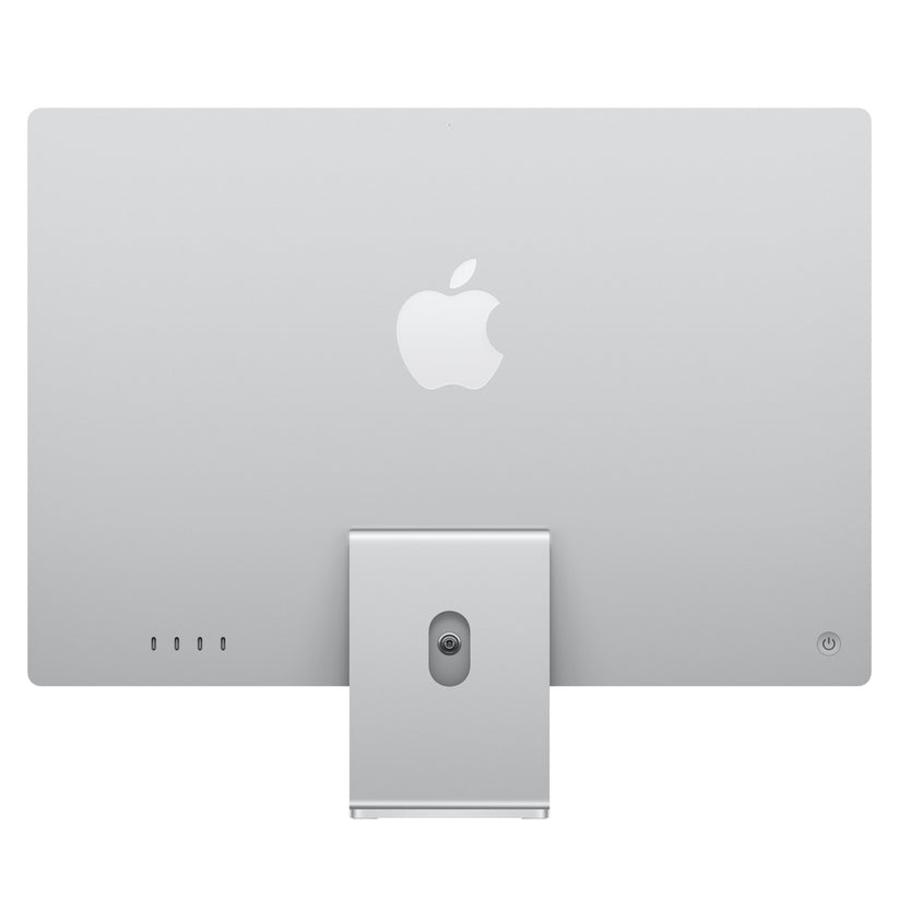 Apple iMac 24 Zoll M4'ün arkadan görünümü gümüş kaplamayı, Apple logosunu, havalandırma deliklerini, şık standı ve güç düğmesini göstererek Apple'ın minimal ve zarif tasarımını vurgular. Model: 10C CPU/10C GPU, 16 GB RAM, 1 TB SSD.