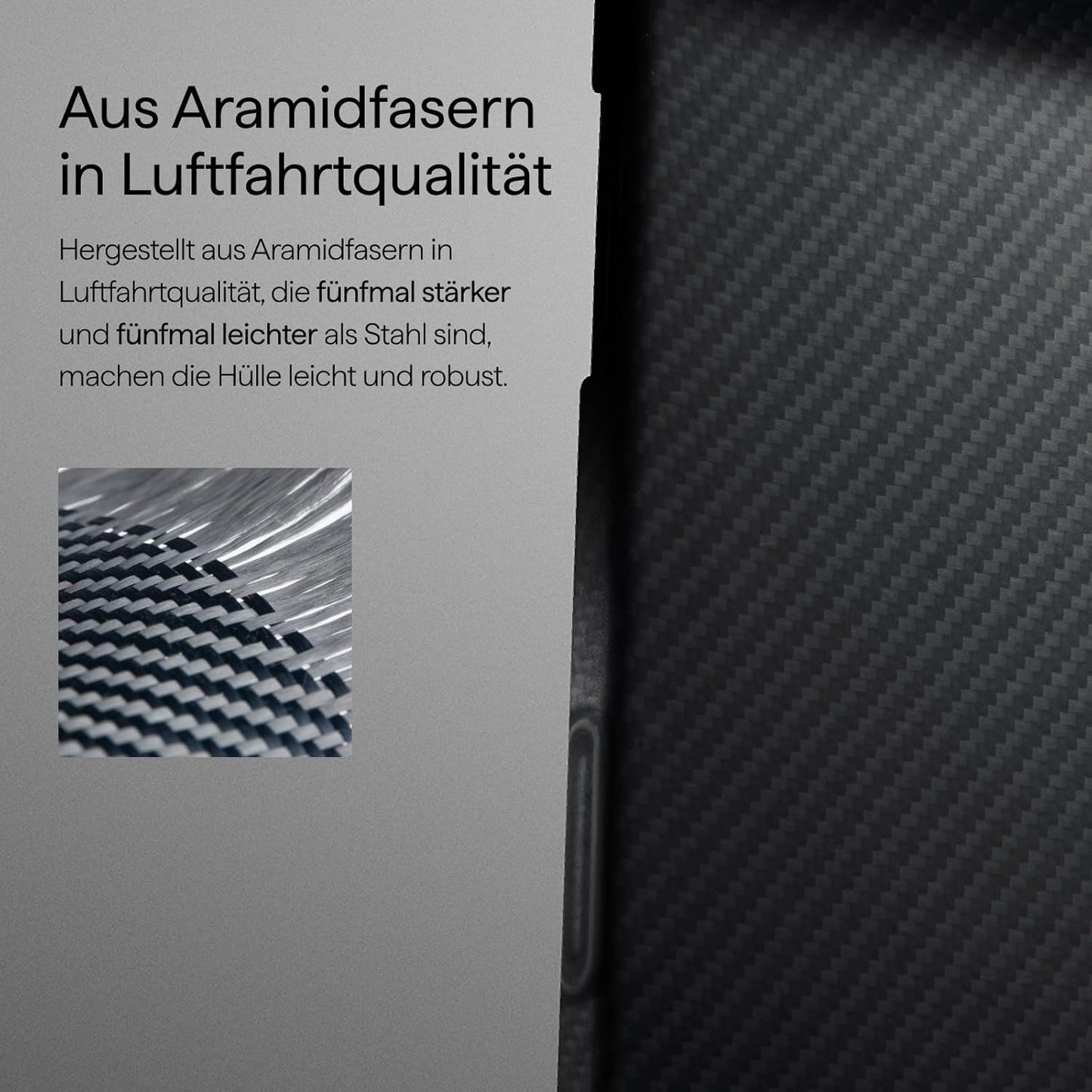 Nahaufnahme des PITAKA Aramid Ultra Slim Case für iPhone 17 Pro in Schwarz, mit Karbonfasertextur und deutschem Text, der leichte, starke Aramidfasern in Luft- und Raumfahrtqualität hervorhebt. Inset zeigt detaillierte gewebte Aramidfasern.