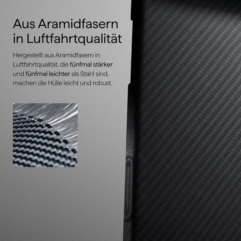Nahaufnahme des PITAKA Aramid Ultra Slim Case für iPhone 17 Pro in Schwarz, mit Karbonfasertextur und deutschem Text, der leichte, starke Aramidfasern in Luft- und Raumfahrtqualität hervorhebt. Inset zeigt detaillierte gewebte Aramidfasern.