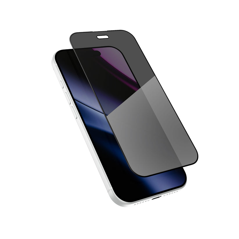 An iPhone 18 Pro is shown with a partially mounted Epico Anti Reflective Privacy-Panzerglas, positioned at an angle to showcase both the device and the semi-transparent screen protector. This presentation emphasizes the advanced anti-reflective privacy technology of the Epico shield, making it an ideal choice for iPhone 18 Pro users. The included installation kit ensures easy and precise application.