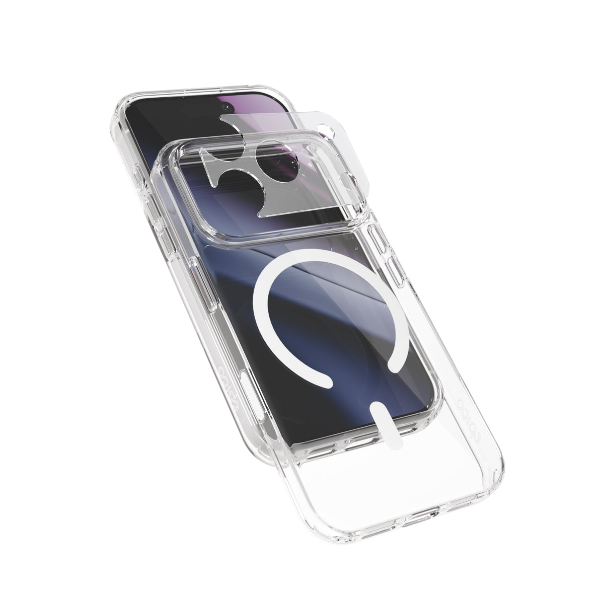 Epico tarafından üretilen iPhone 17 Pro/18 Pro için Epico Clear Case mit Magsafe, beyaz renkli dairesel bir MagSafe tasarımına ve iPhone’unuzun kamerasını koruyan kayar bir kapağa sahip şeffaf bir telefon kılıfıdır; siyah bir cihazda lensin bir kısmını kapladığı şekilde gösterilmiştir—bu da onu iPhone 18 Pro kılıfı olarak veya MagSafe uyumlu iPhone 17 Pro'nuz için mükemmel bir seçim haline getirir.