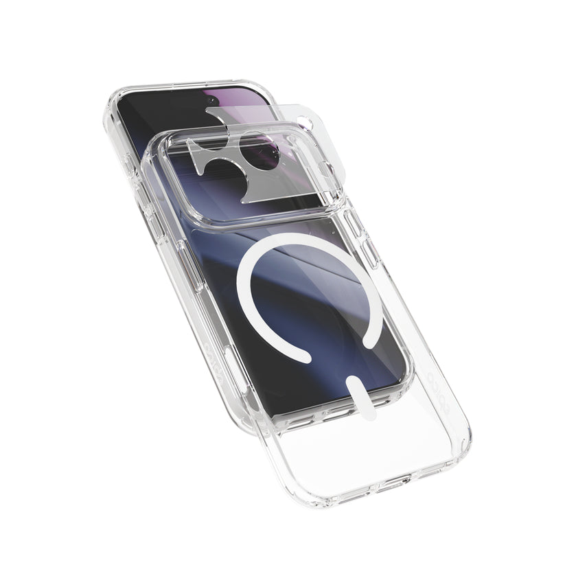 Epico tarafından üretilen iPhone 17 Pro/18 Pro için Epico Clear Case mit Magsafe, beyaz renkli dairesel bir MagSafe tasarımına ve iPhone’unuzun kamerasını koruyan kayar bir kapağa sahip şeffaf bir telefon kılıfıdır; siyah bir cihazda lensin bir kısmını kapladığı şekilde gösterilmiştir—bu da onu iPhone 18 Pro kılıfı olarak veya MagSafe uyumlu iPhone 17 Pro'nuz için mükemmel bir seçim haline getirir.