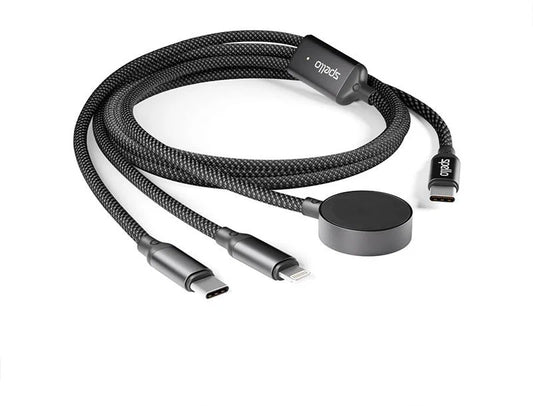 Entdecken Sie das Spello 3in1 Reiseladekabel von Epico in elegantem Schwarz: Dieses kompakte Kabel mit geflochtenem Design bietet USB‑C-, Lightning- und magnetischen Rundanschluss – die ideale, vielseitige Lösung zum gleichzeitigen Laden mehrerer Geräte unterwegs.