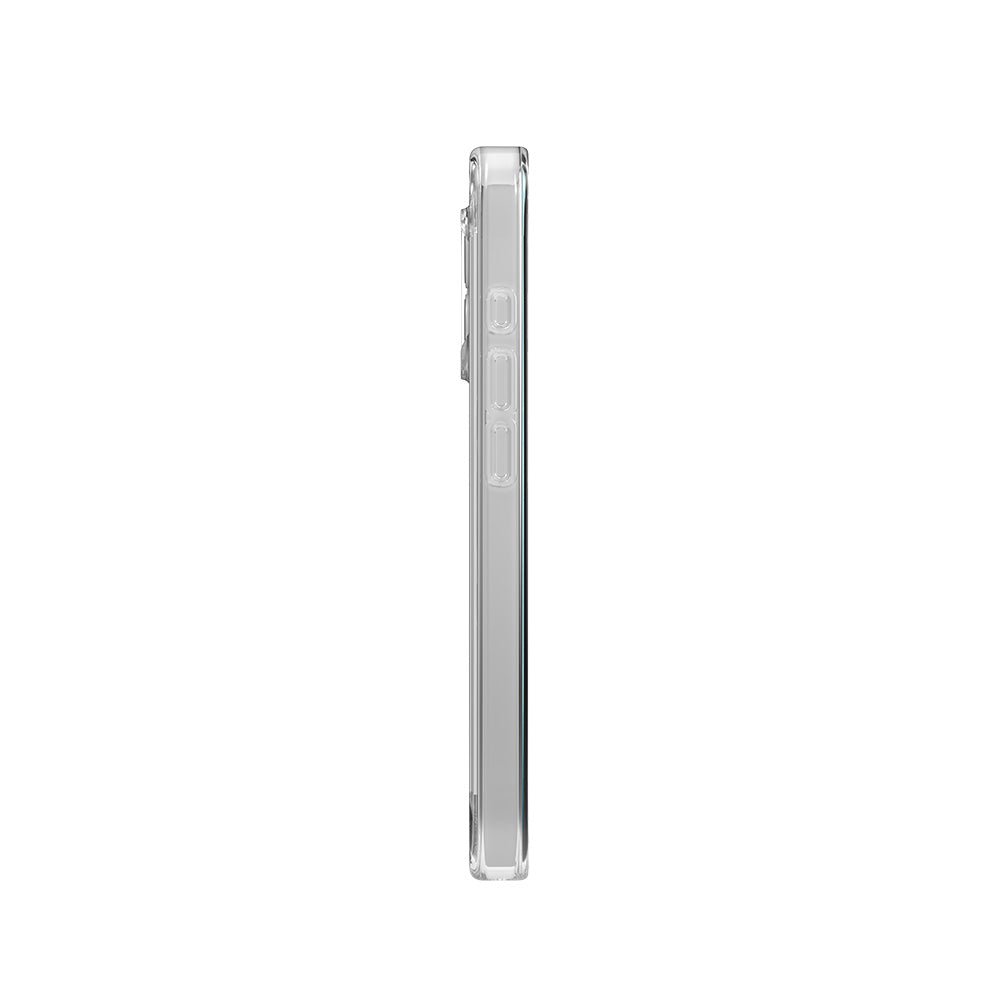 Die ZAGG Crystal Palace Lite Snap iPhone 17-Hülle wird von der Seite gezeigt und besticht durch ihr schlankes Design und präzise Aussparungen für die Tasten. Diese transparente Schutzhülle der Marke ZAGG ist MagSafe-kompatibel und ermöglicht ein nahtloses Aufladen. Sie wird vor einem schlichten weißen Hintergrund präsentiert.