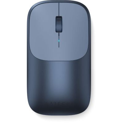 Die Satechi Slim EX Wireless Mouse von Satechi – eine elegante, kabellose Maus mit einer glatten, indigoblauen Oberfläche und einem zentralen Scrollrad – wird in einer Draufsicht vor weißem Hintergrund gezeigt.