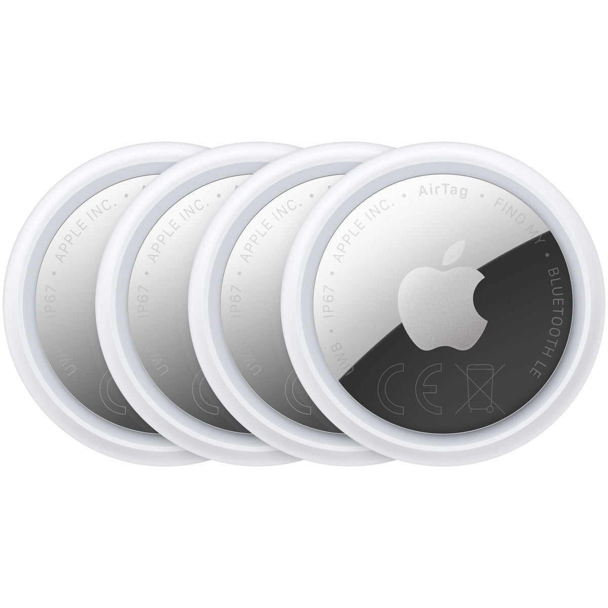 Vier runde, weiße und silberne Apple AirTag, 4er-Pack (2026) Ortungsgeräte, die in einer überlappenden Reihe angeordnet sind.