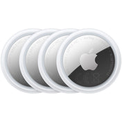 Vier runde, weiße und silberne Apple AirTag, 4er-Pack (2026) Ortungsgeräte, die in einer überlappenden Reihe angeordnet sind.