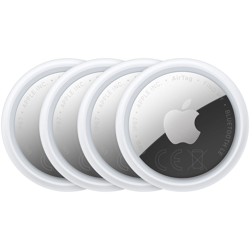 Vier runde, weiße und silberne Apple AirTag, 4er-Pack (2026) Ortungsgeräte, die in einer überlappenden Reihe angeordnet sind.