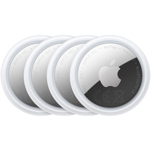 Four circular white and silver Apple AirTag, 4er-Pack (2026) tracking devices arranged in an overlapping row.