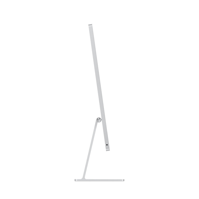 İnce tasarımı, gümüş standı ve ince dikdörtgen ekranıyla Apple iMac 24 Zoll M4'ün beyaz arka plan üzerine yerleştirilmiş yandan görünümü.