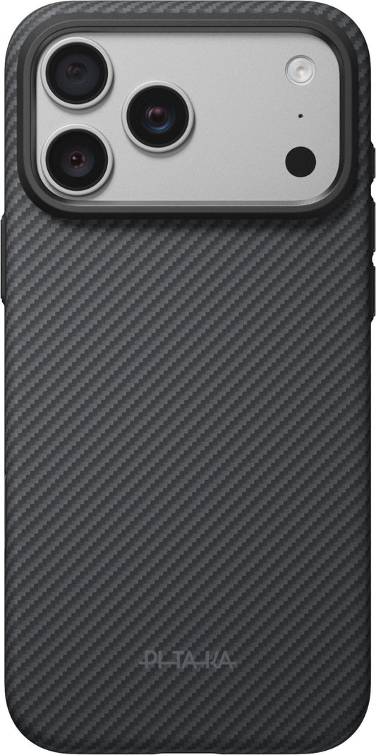 A dark grey, diagonal-weave Pitaka Summa Case iPhone 17 Pro Max/18 Pro Max Black/Grey Twill, featuring a light-colored rectangular camera housing with three circular lenses and a flash.