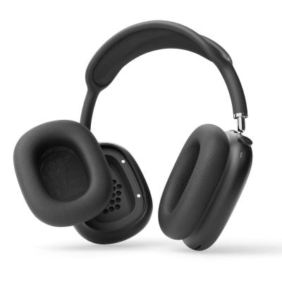 Schwarze, kabellose Over-Ear-Kopfhörer mit gepolsterten Ohrpolstern und einem verstellbaren Kopfbügel, dargestellt vor weißem Hintergrund. In Kombination mit dem schwarzen „Vonmählen Air Cushions Case“ für AirPods Max sorgt diese Kombination von Vonmählen sowohl für Komfort als auch für erstklassigen Schutz Ihrer AirPods Max für unterwegs.