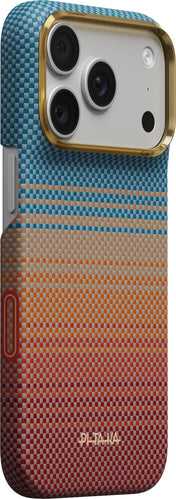The PITAKA Aramid Edge Case für iPhone 17 Pro/18 Pro, Sunset 2.0 features a woven-texture design in a blue, beige, and orange gradient with an ultradünnes Design, gold camera border, and eye-catching red side button. The PITAKA branding appears at the bottom, making this case both stylish and distinctive for your iPhone 17 Pro.