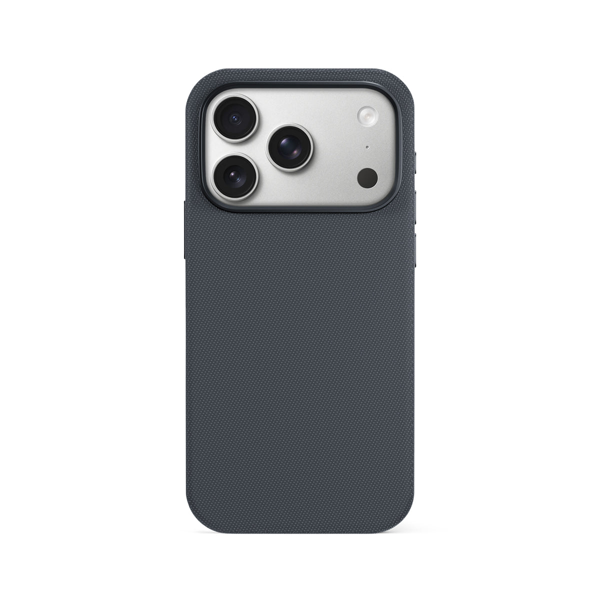 Auf einem Smartphone ist eine „Epico SolidWoven Pro“-Hülle für das iPhone 17 Pro/18 Pro in Schwarz zu sehen, die ihre dunkelgraue, strukturierte Oberfläche zeigt. Auf der Rückseite des Smartphones befinden sich drei Kameralinsen und ein Blitz in der oberen linken Ecke.