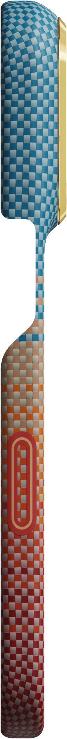 A close-up of a vibrant toothbrush with a blue, red, and white grid pattern, gold accents, and a prominent red O on the handle—its modern aesthetic is as eye-catching as the PITAKA Aramid Edge Case für iPhone 17 Pro/18 Pro, Sunset 2.0 by PITAKA with its ultradünnes Design.