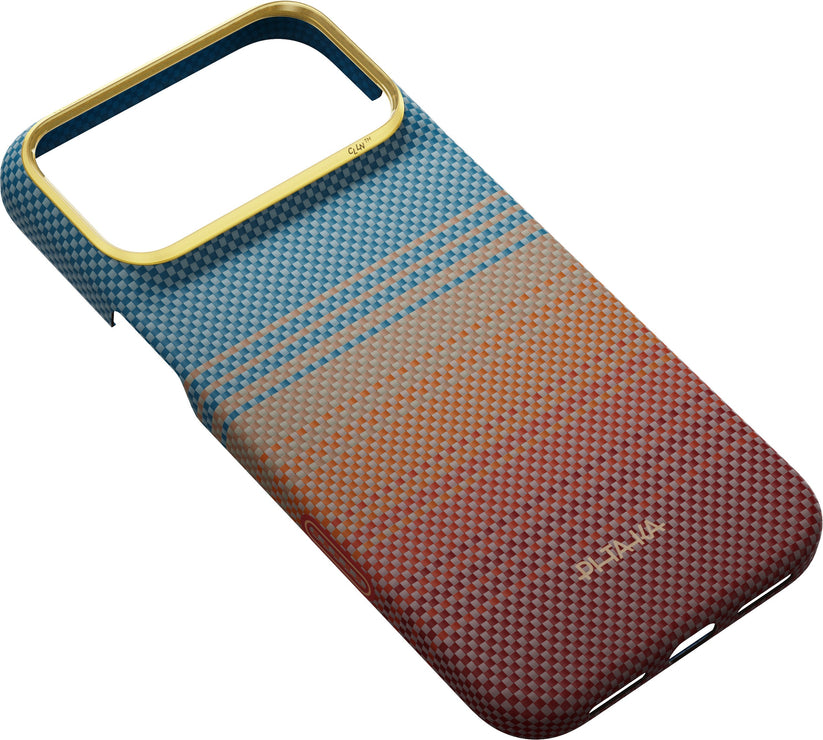 PITAKA Aramid Edge Kılıfı, iPhone 17 Pro Max/18 Pro Max için, Sunset 2.0 modelini sizlere sunuyoruz — çarpıcı maviden kırmızıya geçişli gradyan tasarımına sahip, canlı renkli bir telefon kılıfı. Bu ultra ince kılıf, altın kenarlı geniş bir kamera açıklığına sahiptir ve alt kısmına kabartmalı “Pixel” yazısı ile donatılmıştır; böylece cihazınız için çarpıcı bir stil ile güvenilir korumayı bir araya getirir.