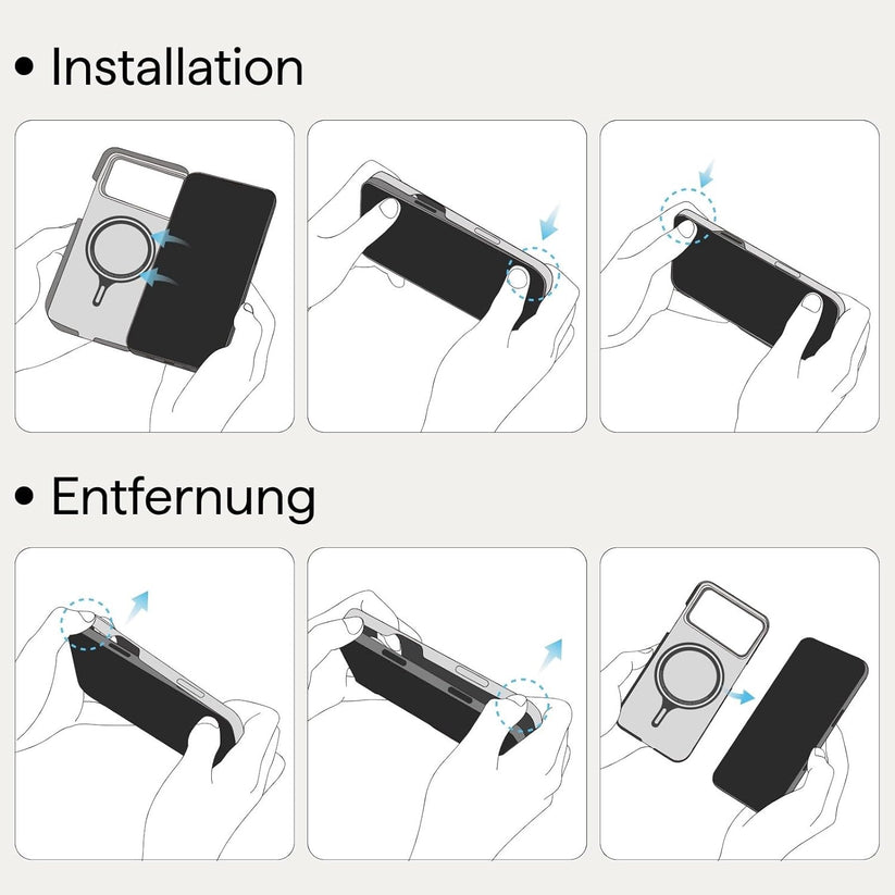 Eine bebilderte Schritt-für-Schritt-Anleitung zeigt, wie man das PITAKA Aramid Ultra Slim Case für iPhone 17 Pro, Schwarz, anbringt und entfernt. Die obere Reihe zeigt die Installation, während die untere Reihe die Entfernung zeigt. Marke: PITAKA.