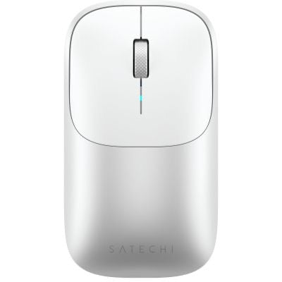 Eine „Satechi Slim EX Wireless Mouse Silver“ von Satechi zeigt von oben betrachtet ihr Scrollrad und ihr schlankes, minimalistisches Design – ideal als kabellose Maus für jedes minimalistische Arbeitsplatz-Setup.
