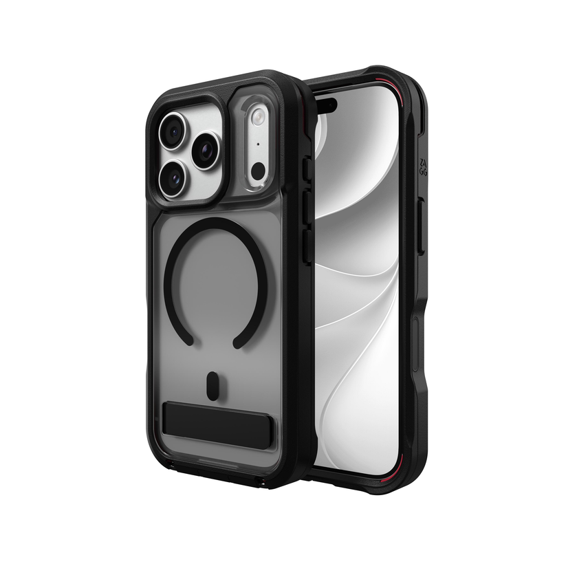 İşte verilen ürün verilerini kullanarak yeniden yazılmış cümleniz: İki adet dayanıklı Smoke Black ZAGG Rainier Snap mit Standfuß iPhone 17 Pro/18 Pro kılıfı gösterilmektedir; bunlardan biri MagSafe halkası ve hassas kamera kesiklerine sahip arka yüzünü sergilerken, diğeri ise ön ekranı ön plana çıkarmaktadır. Şık ve koruyucu tasarımı, kusursuz MagSafe uyumluluğu ve entegre standı bir araya getiren bu ZAGG kılıf, iPhone 17 Pro’nuz için güvenilir koruma ve üstün rahatlık sunar. Hem estetiğe hem de pratikliğe